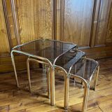 Set of 3 square nesting tables 1970 brown smoked glass