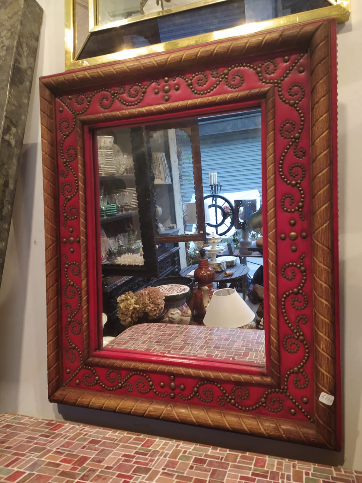 1950 wood and red leather studded mirror