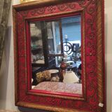 1950 wood and red leather studded mirror