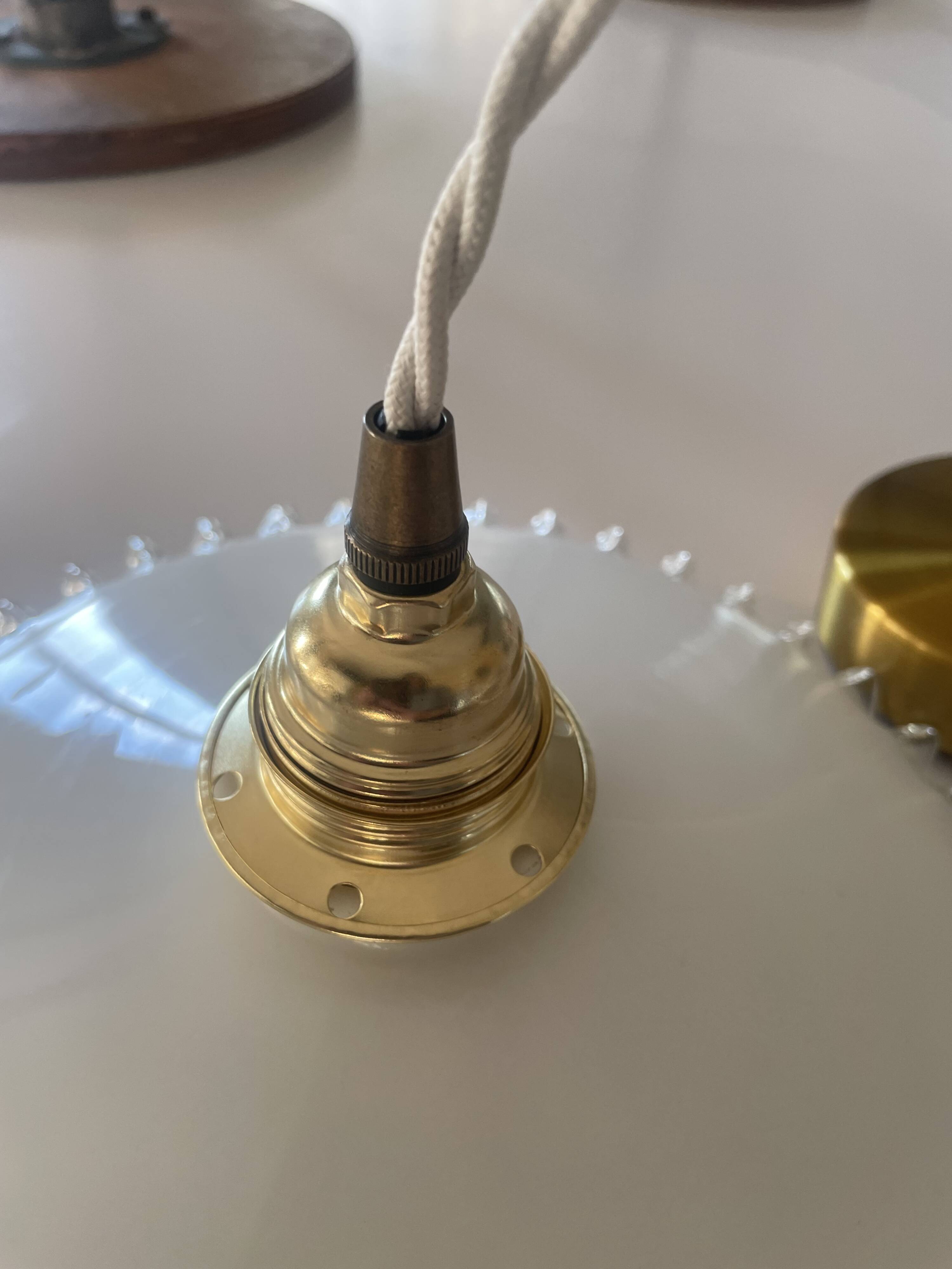 Vintage scalloped opaline glass and gold-tone metal pendant light