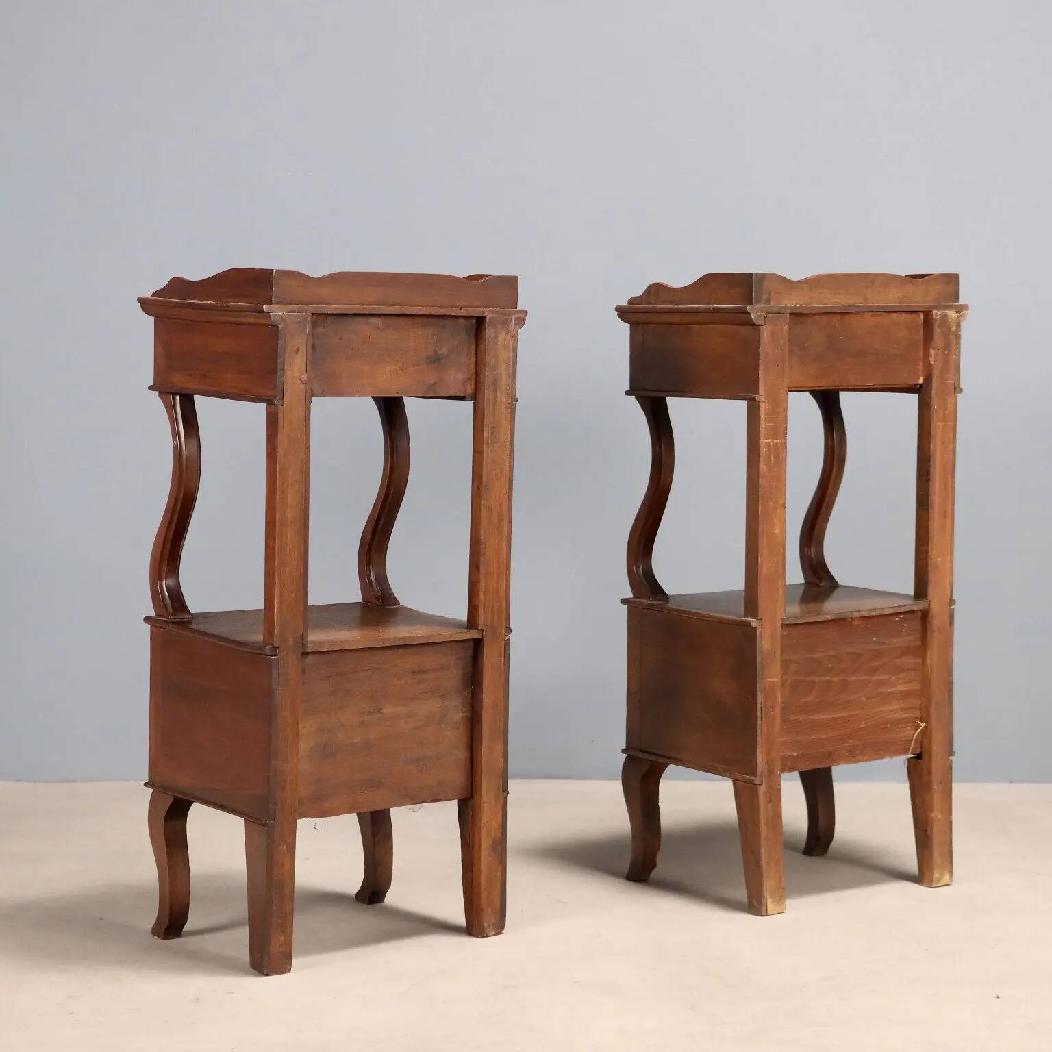 Antique walnut bedside tables with drawer, Italy, 19th century.