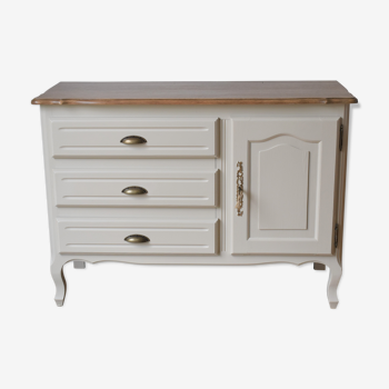 Chest of drawers in oak, linen and wood top