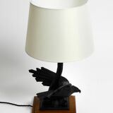 1940s table lamp made of iron in the shape of an eagle, teak wooden base