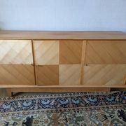Modernist enfilade with a checkerboard pattern in light wood and mahogany marquetry,