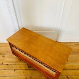 Vintage storage chest in wood and woven rattan