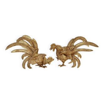 Pair of Gilded Bronze Mid Century Japanese Fighting Cockerels Rooster Ornaments