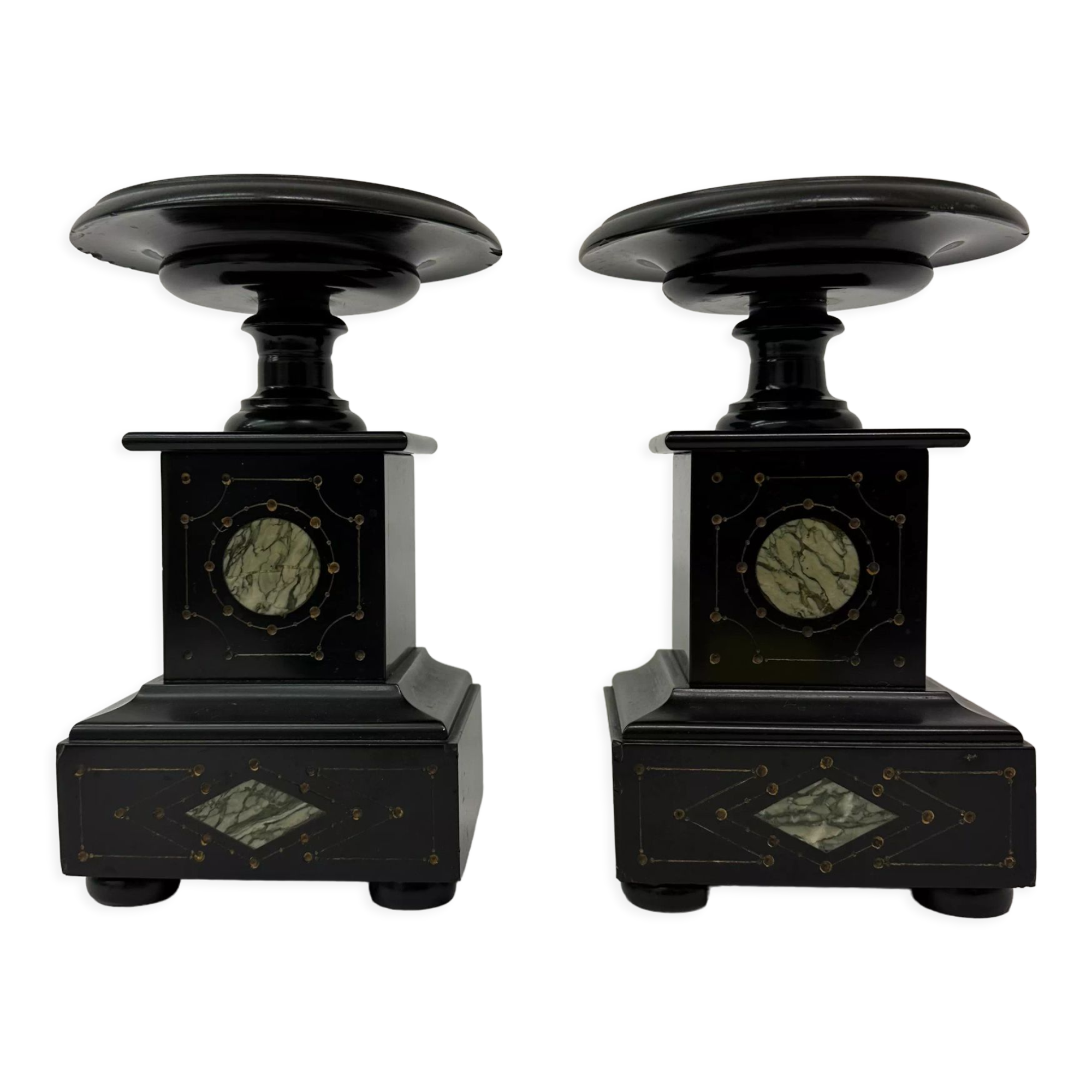 Set of 2 antique black marble candle stands, 1930's Art deco