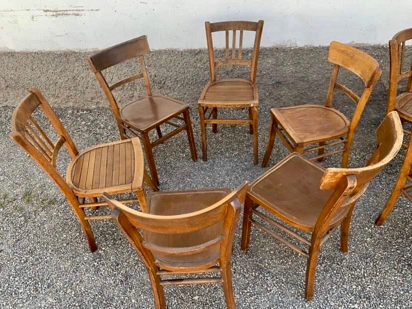 Set of 13 old art deco bistro chairs from the 1930s in light wood