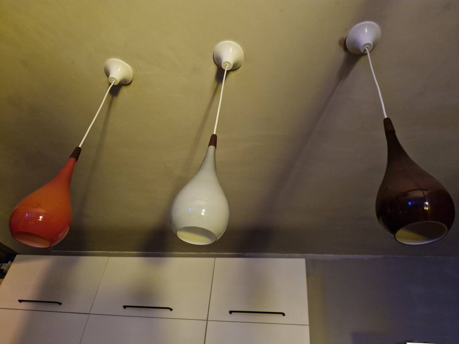 Scandinavian suspension trio Holmegaard 1960, opal glass blown.