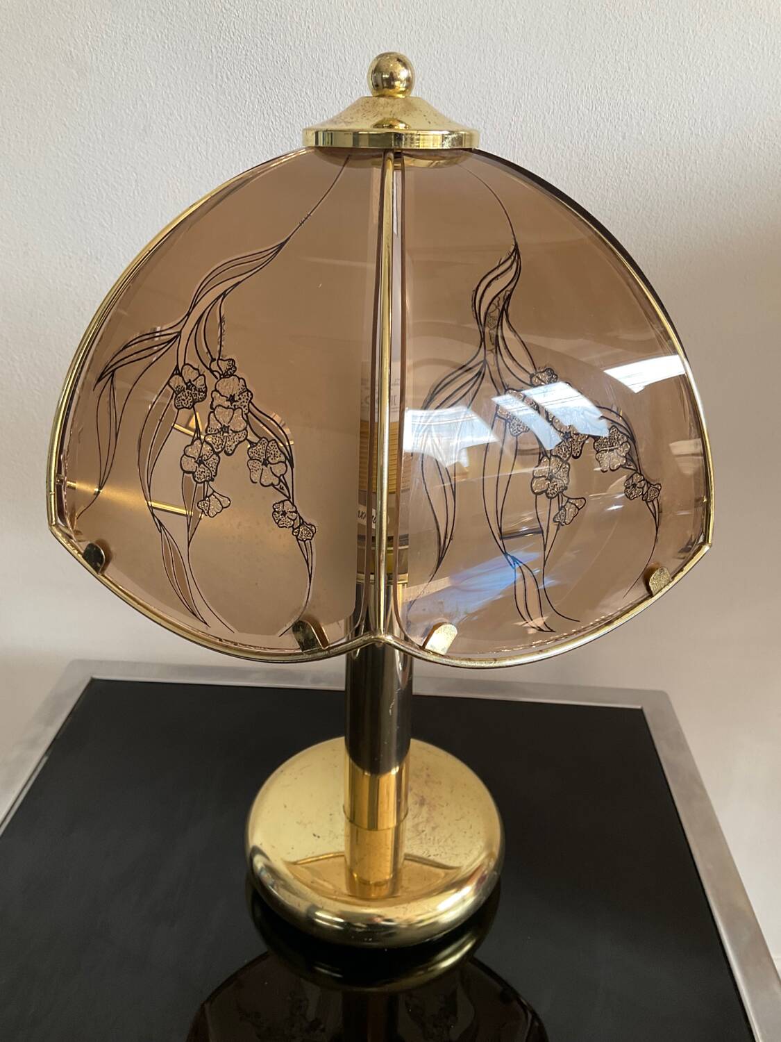 Vintage lamp in gold metal and smoked glass
