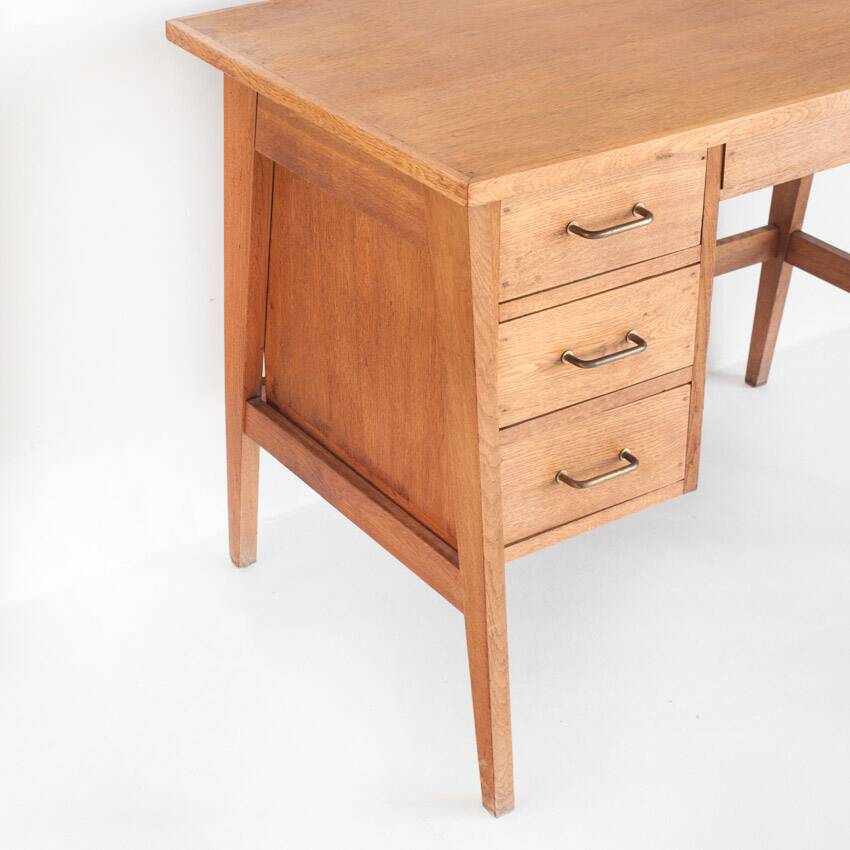Vintage oak desk. Compass legs with drawers. France, 1950s