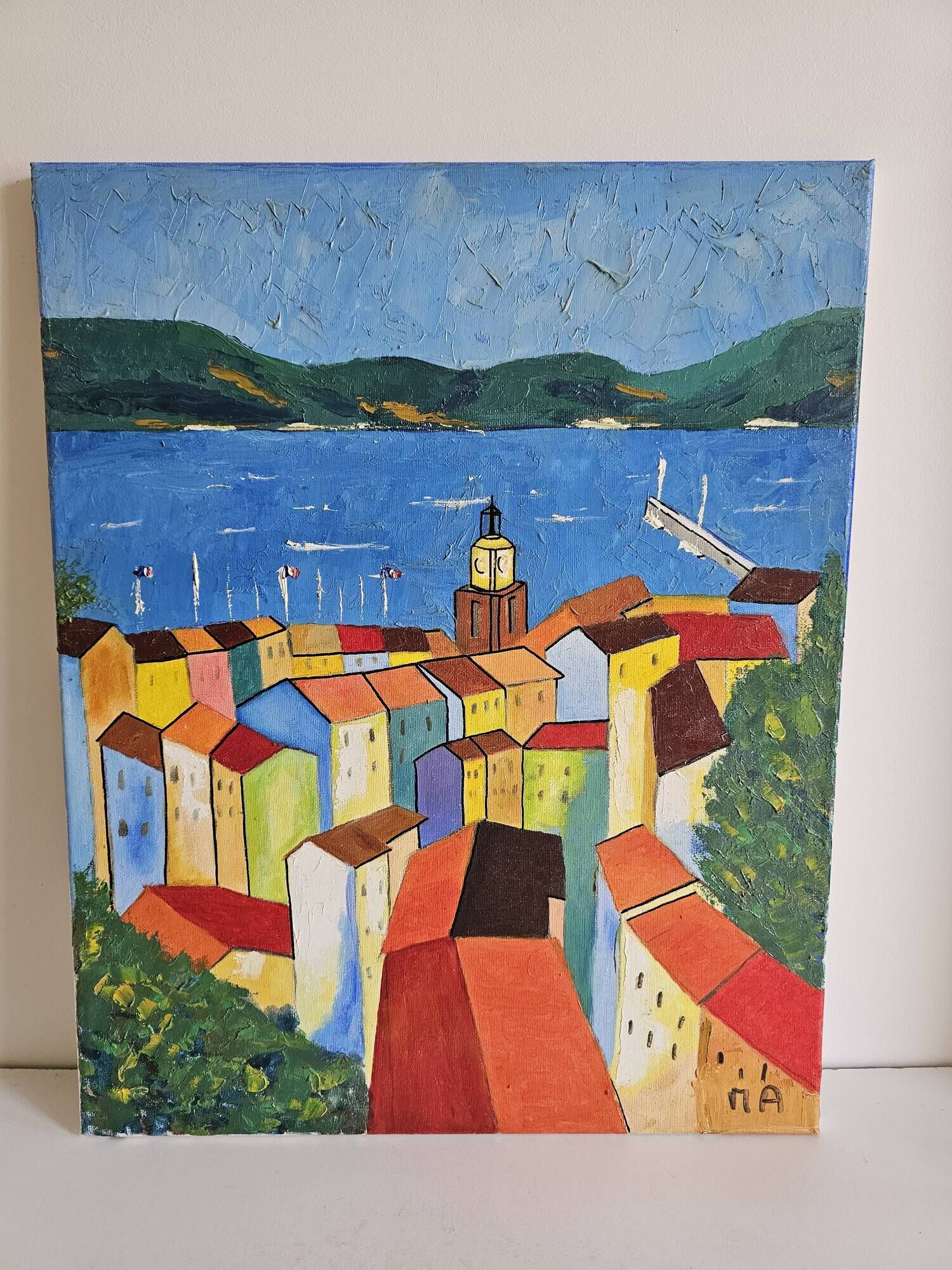 Oil painting - Colourful view of the rooftops of the village of Saint-Tropez