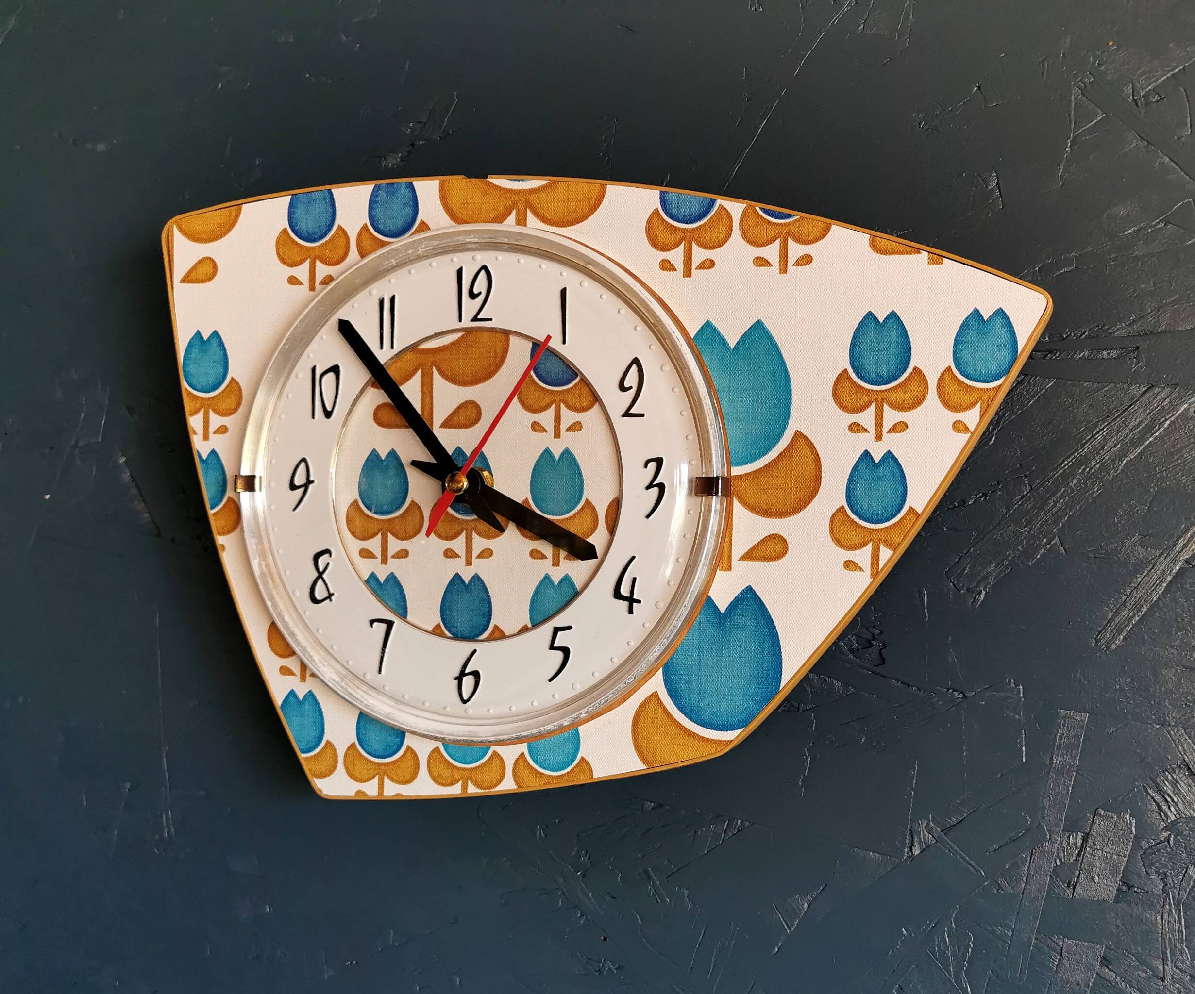 Vintage formica clock silent asymmetrical wall pendulum "Blue flowers"