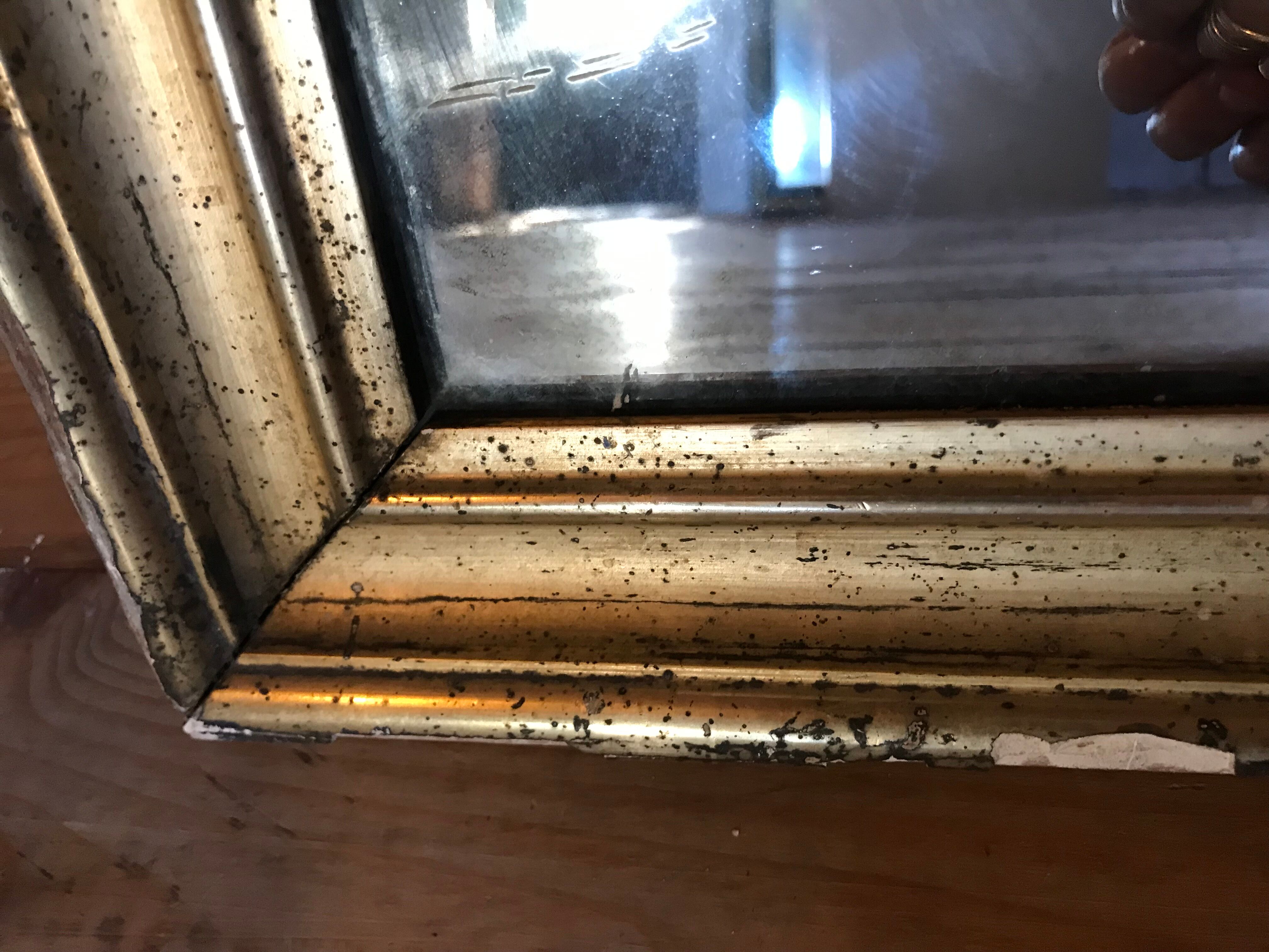 Mirror with golden mercury parquet signed david frame wood and stuck