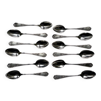 Set of 12 small silver-plated metal spoons in Art Nouveau style.