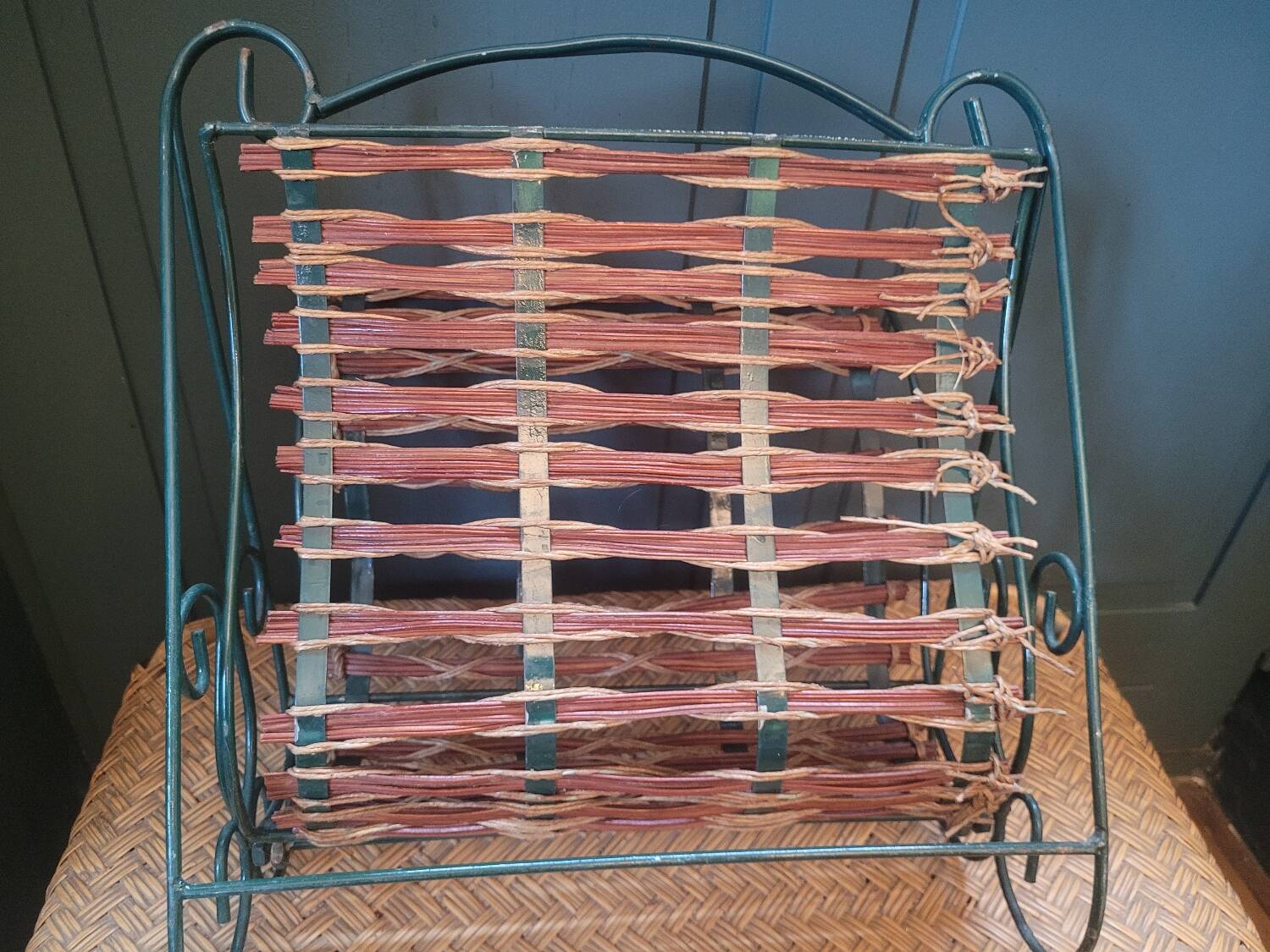 60s metal and rattan magazine rack