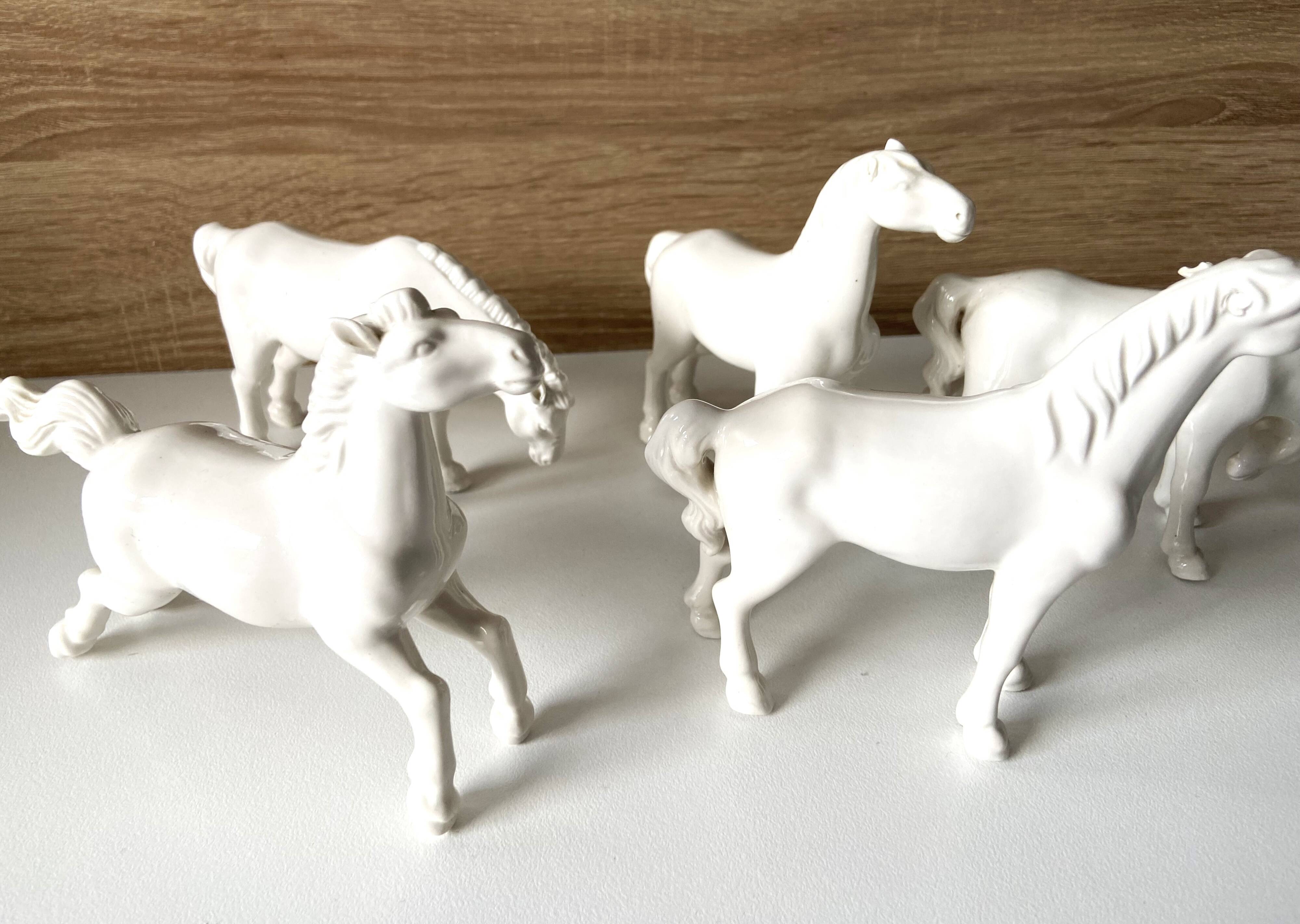 5 White Porcelain Glazed Horses of Happiness Figurines Statuettes