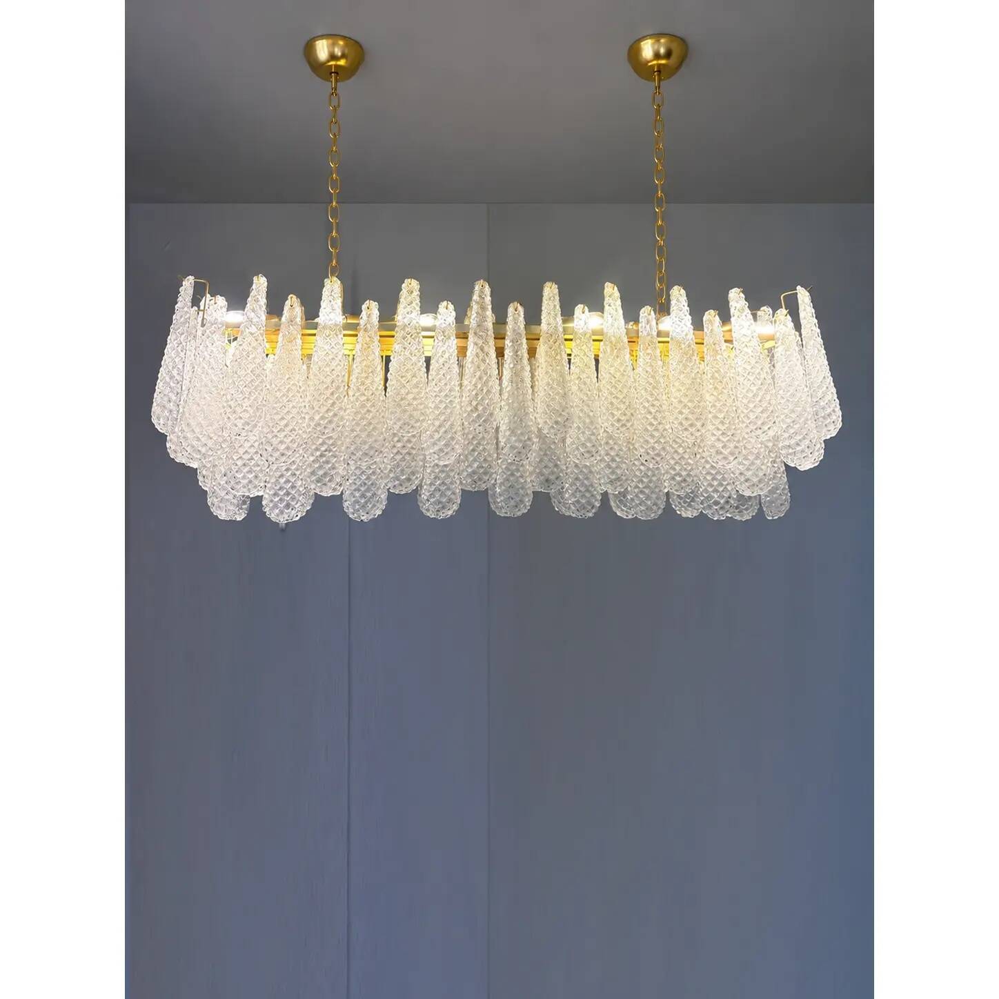 Contemporary Clear “Conchiglie” Murano Glass Rectangular Gold Chandelier by