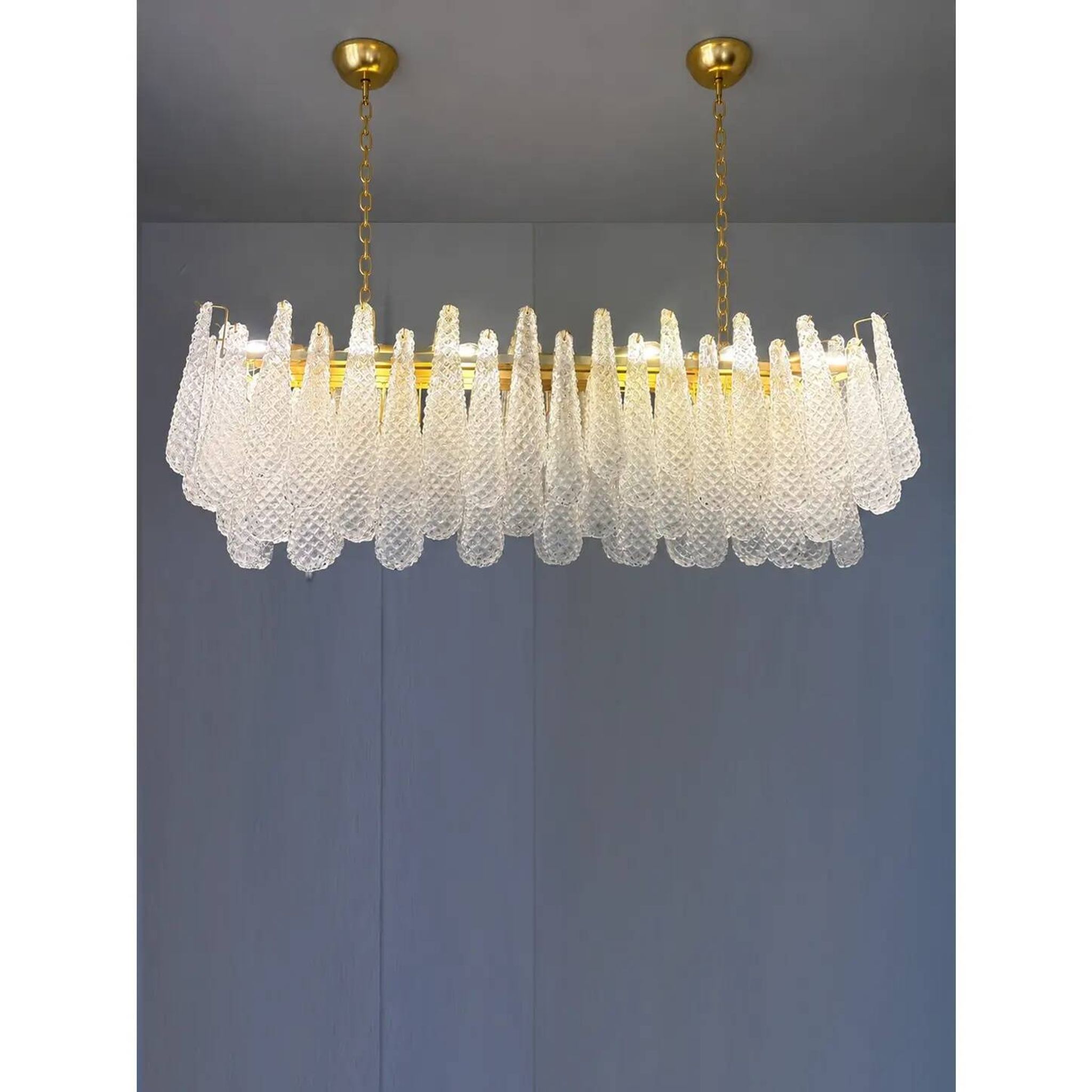 Chandelier rectangulaire en verre de Murano "Conchiglie" clair contemporain en or par
