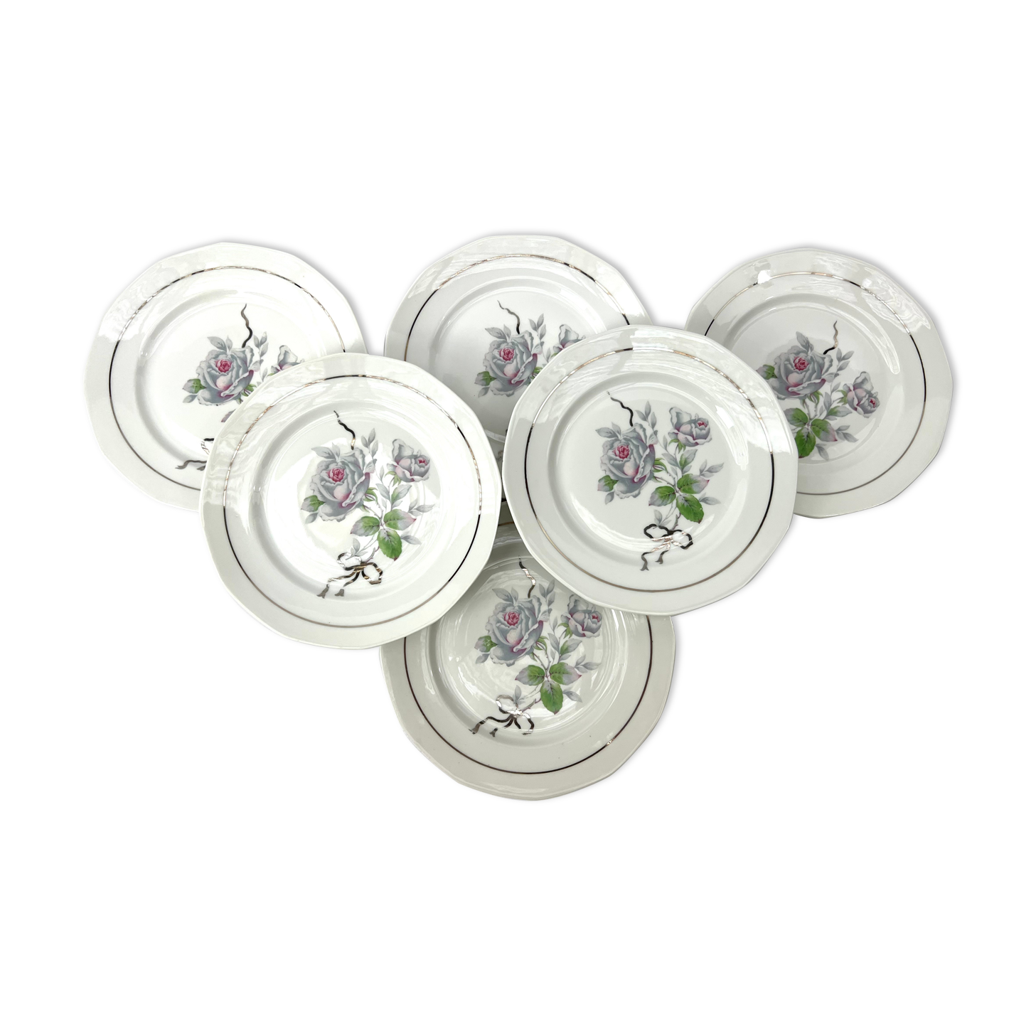 6 assiettes plates fleur rose porcelaine Limoges shabby