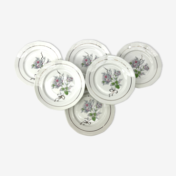 6 assiettes plates fleur rose porcelaine Limoges shabby