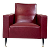 Vintage burgundy armchair, compass base in black metal and brass