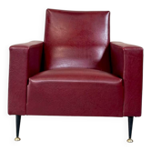 Vintage burgundy armchair, compass base in black metal and brass