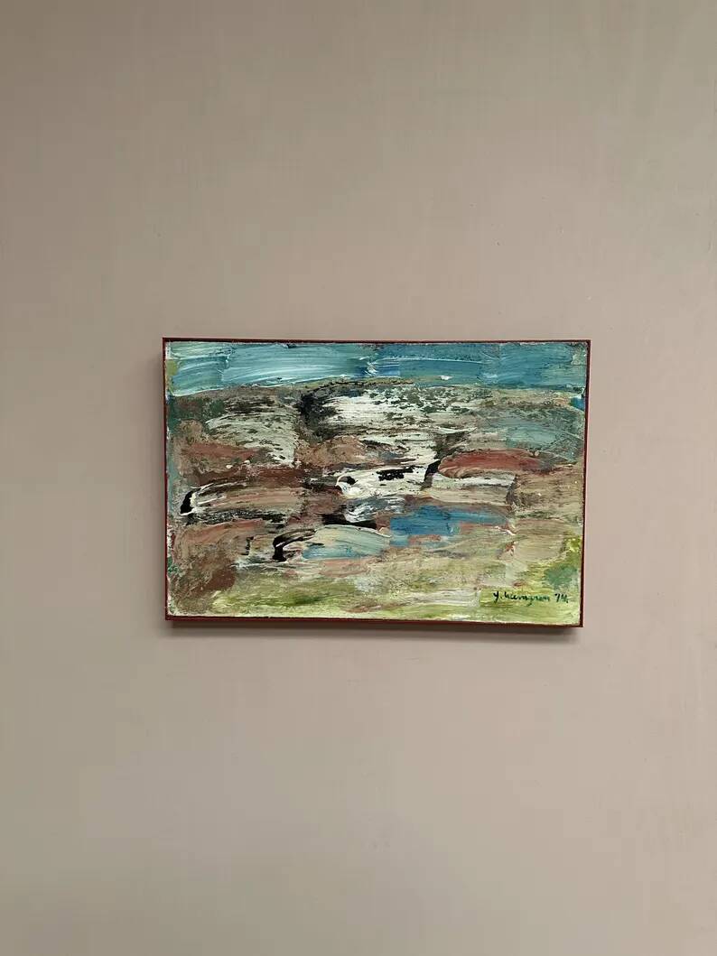 Huile sur toile originale suédoise - 'Komposition' par Yngve Werngren - Signée et datée 1974 - Vintage et encadrée - 53 × 36 cm (20,9" × 14,2")