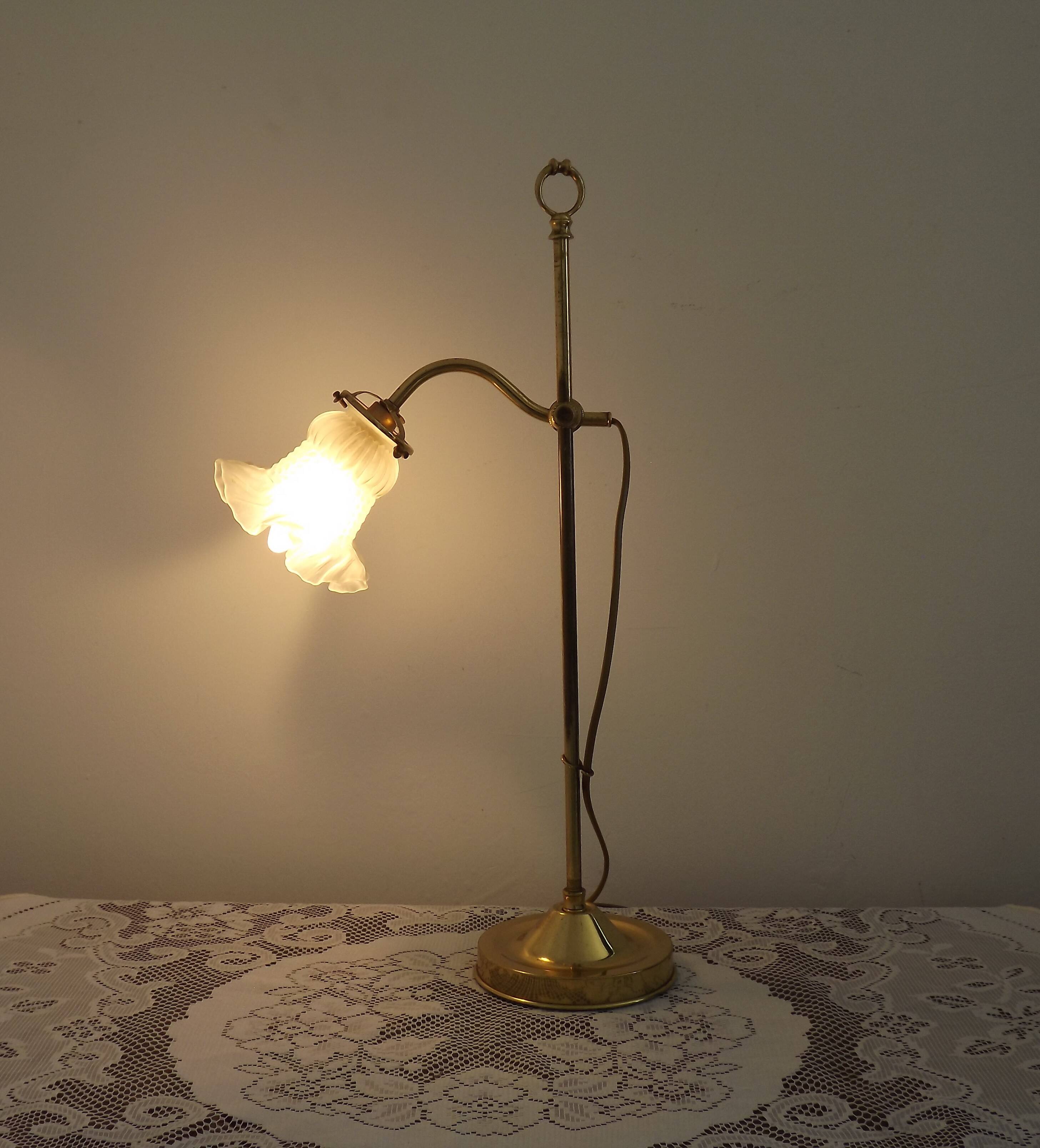French antique brass goose neck table lamp with white opaque glass shade 5468.