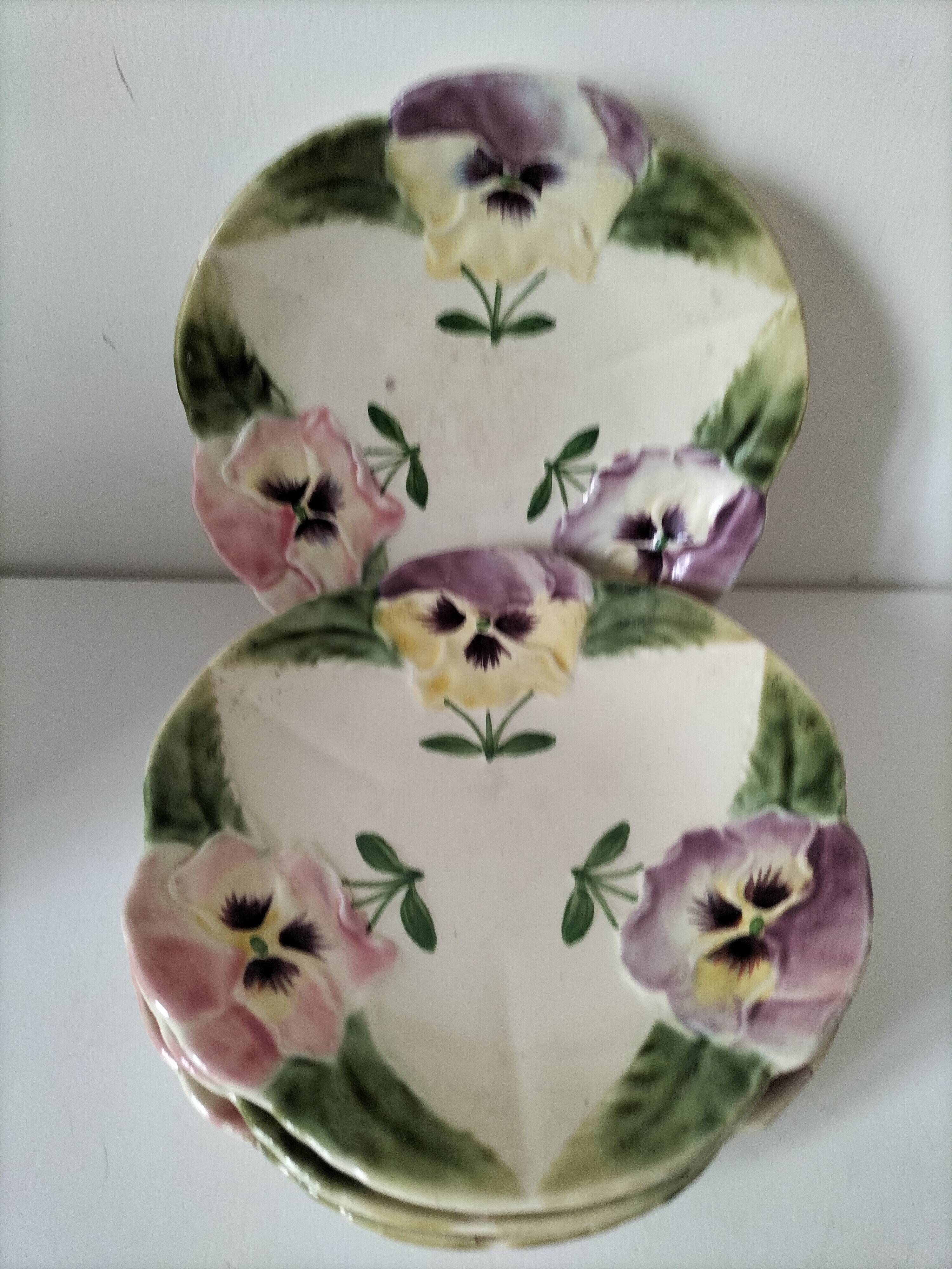 4 barbotine plates with pansies H. Boulenger Choisy-le-Roi