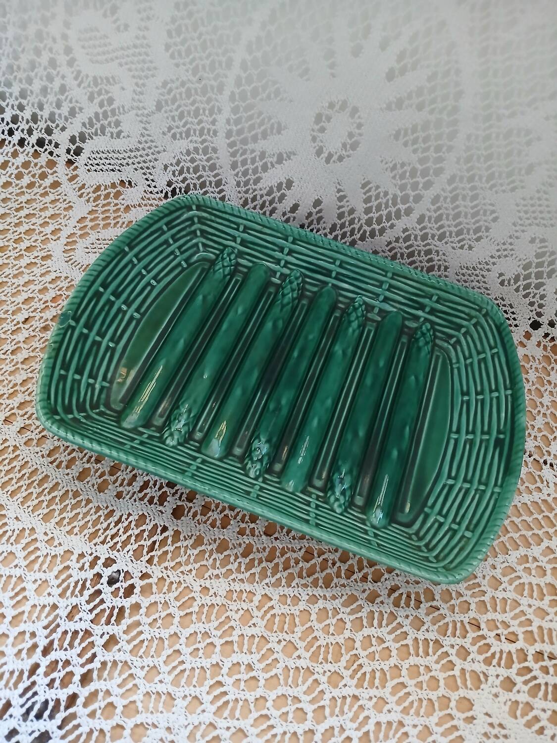 Antique Barbotine dish with asparagus motifs