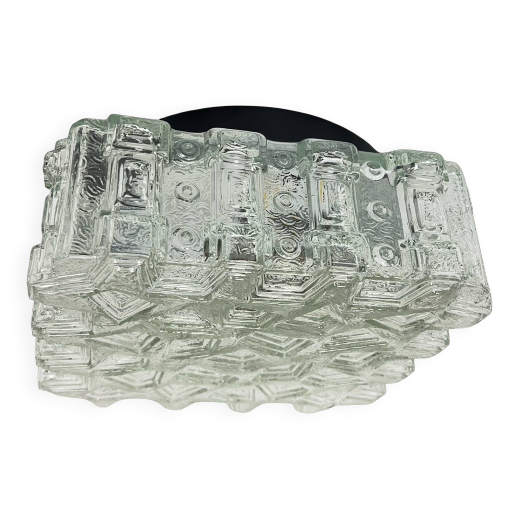 1970s square Hillebrand ceiling light made of thick pressed glass.