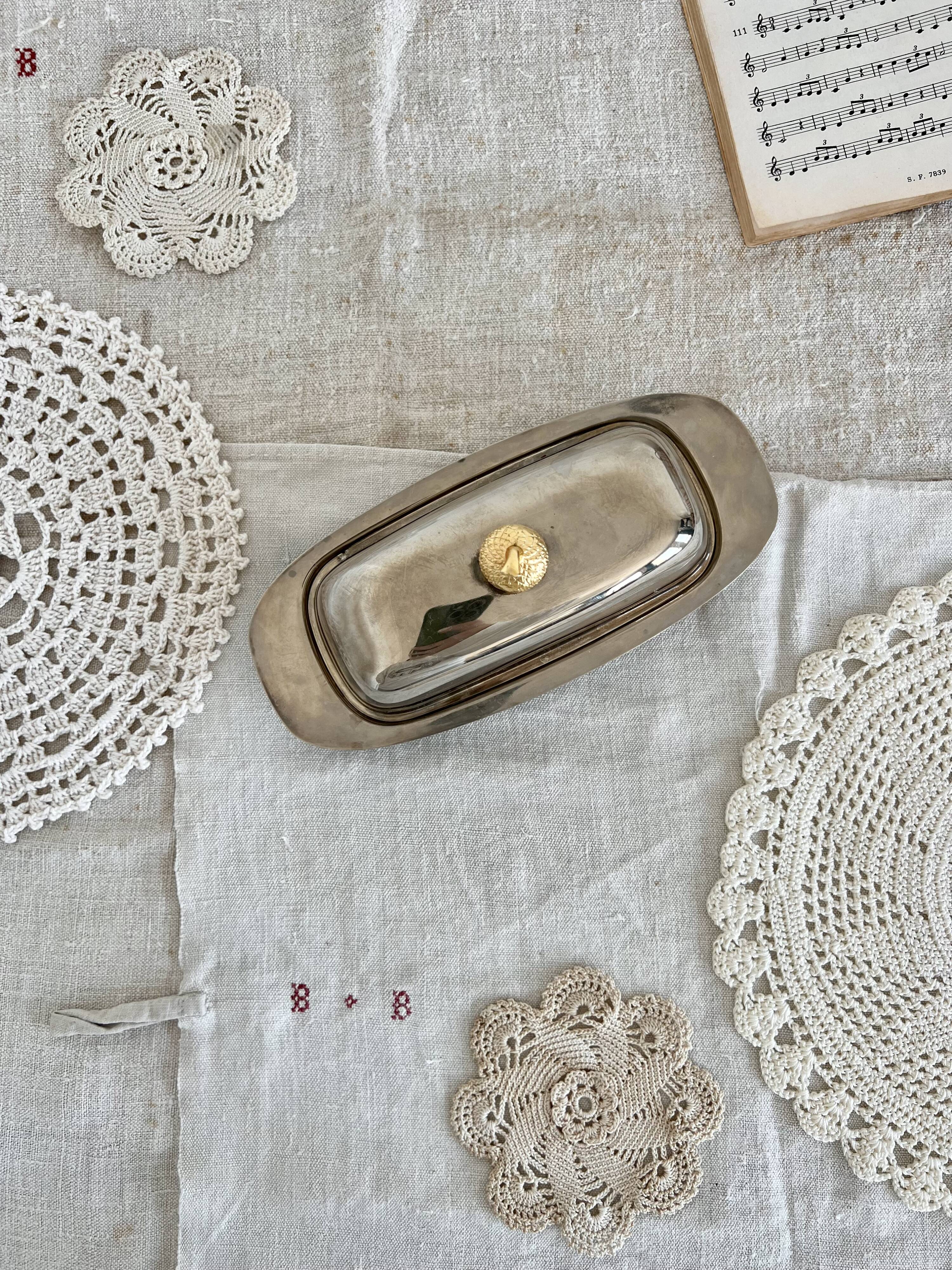 Vintage stainless steel butter dish, acorn and molded glass cup