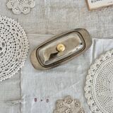 Vintage stainless steel butter dish, acorn and molded glass cup