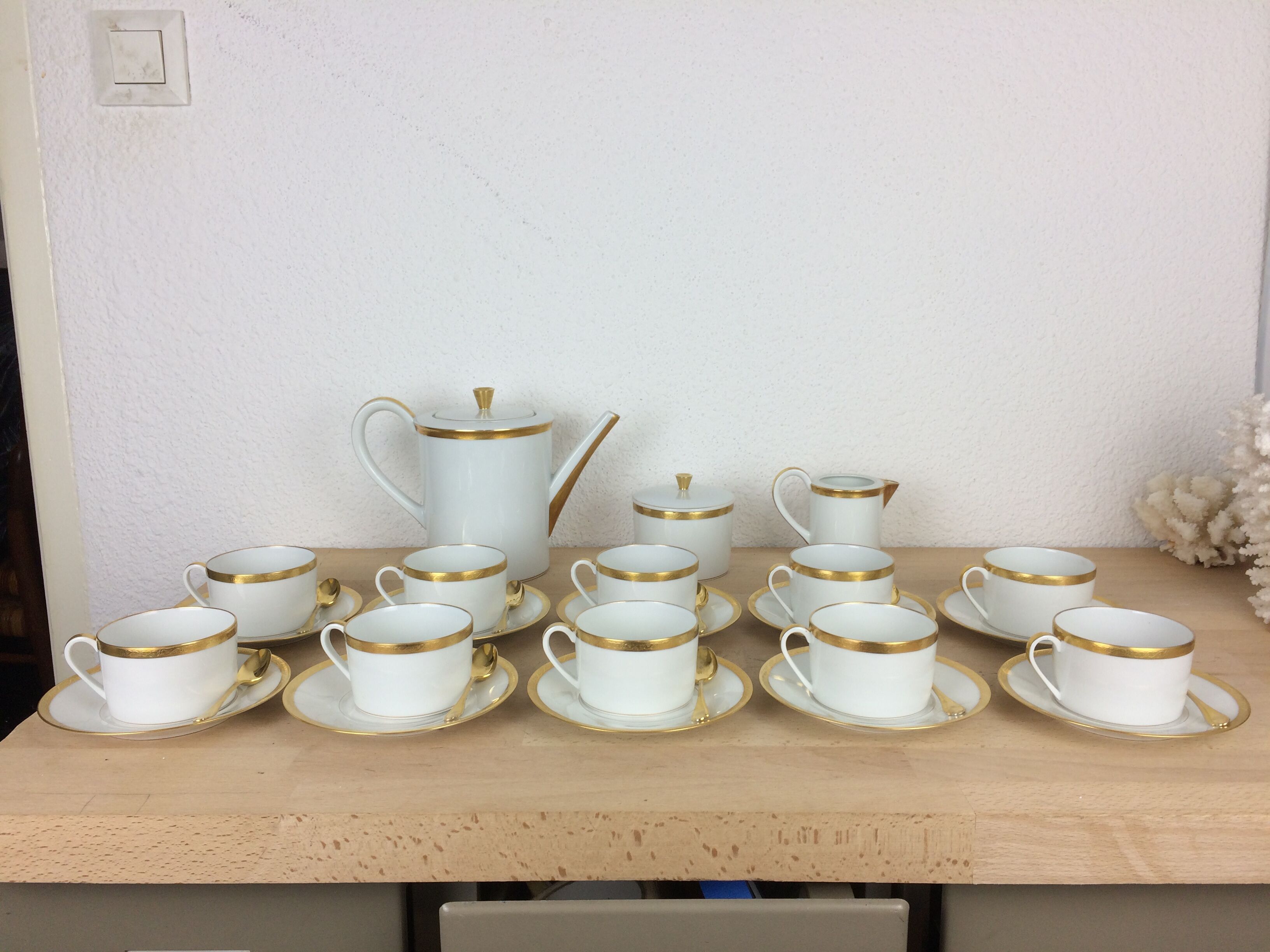 Porcelain tea set A. Vignaud Limoges and mocha spoons Christofle Alfénide