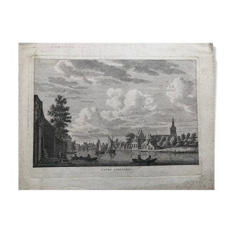 etching STRONG WATER 1790 T'DORP OVERSCHIE, village HOLLAND, by Hendrik ROOSING Dutch engraver,