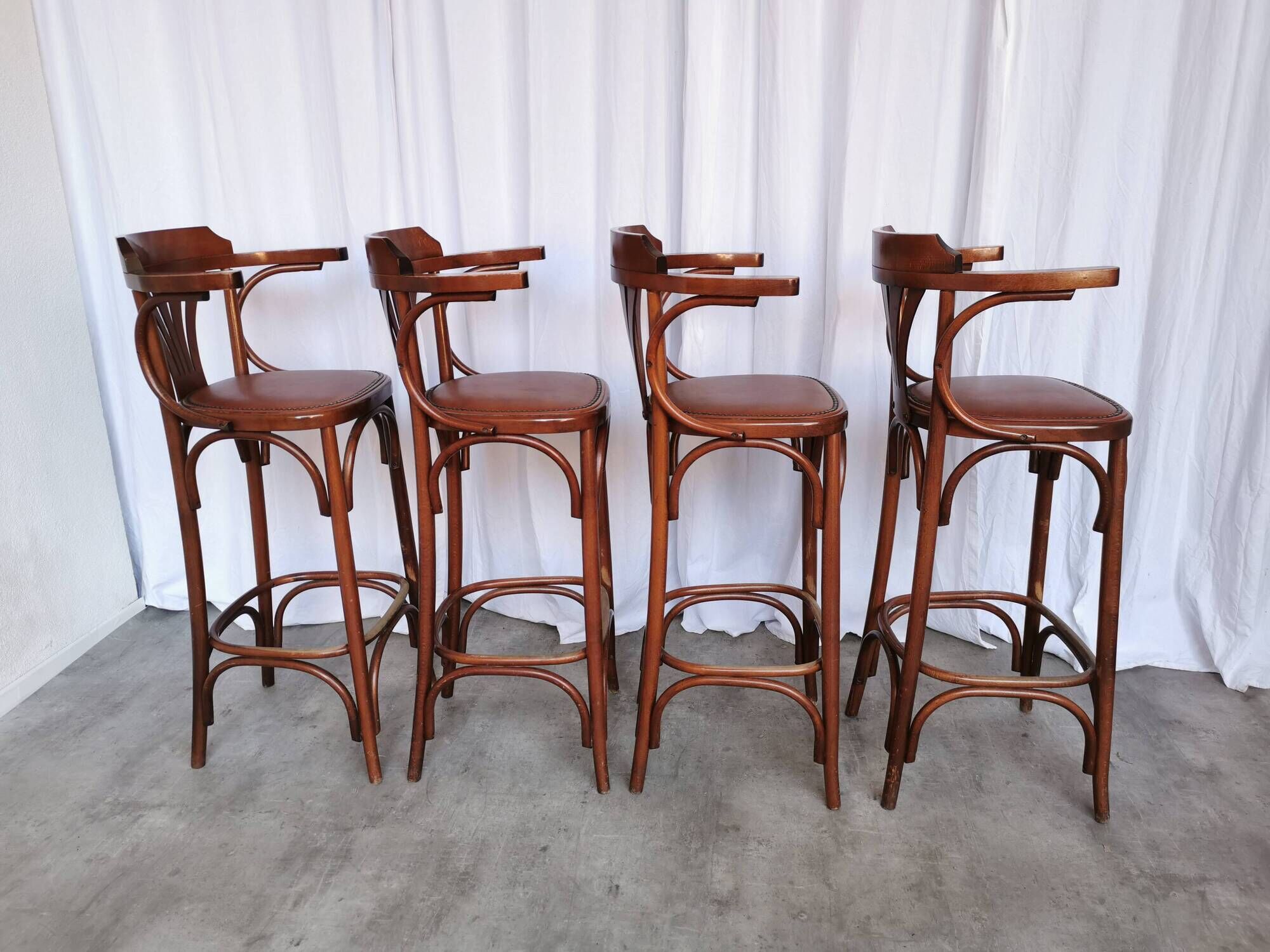 Set of 4 Vintage Bentwood Bar Stools, Brown Leather Seat, Nailhead Trim