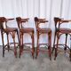Set of 4 Vintage Bentwood Bar Stools, Brown Leather Seat, Nailhead Trim