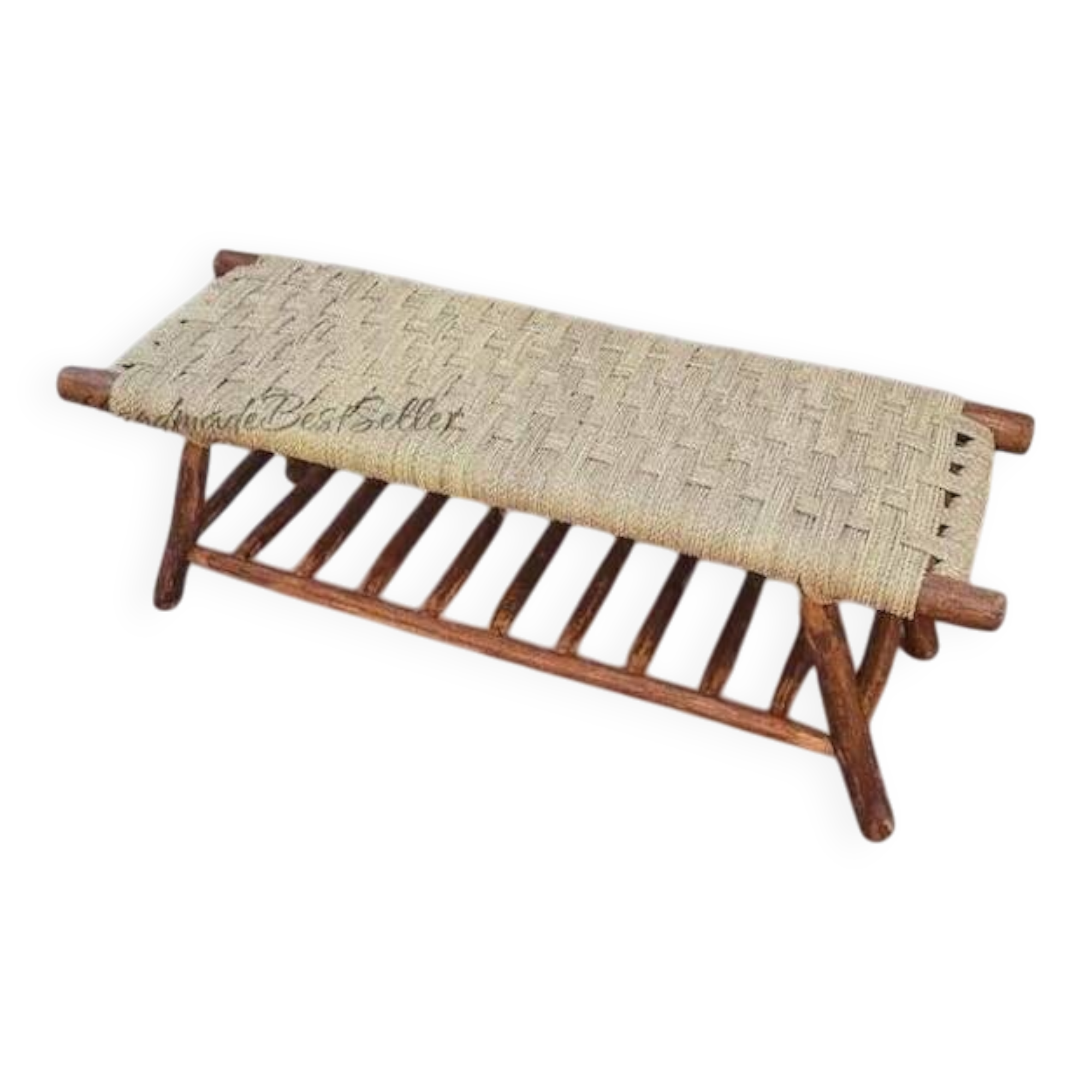 Moroccan bench with hand-woven palm leaf cord