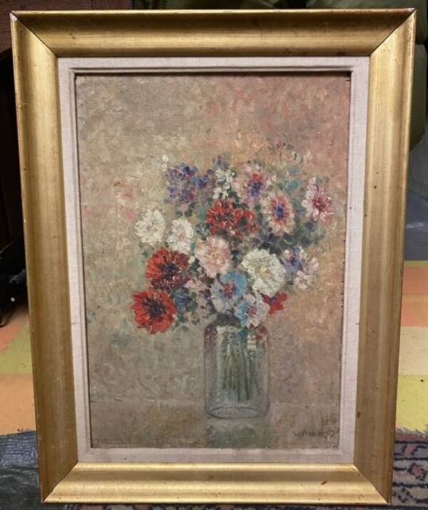 Bouquet/paysage, double peinture réversible signé A. Viret
