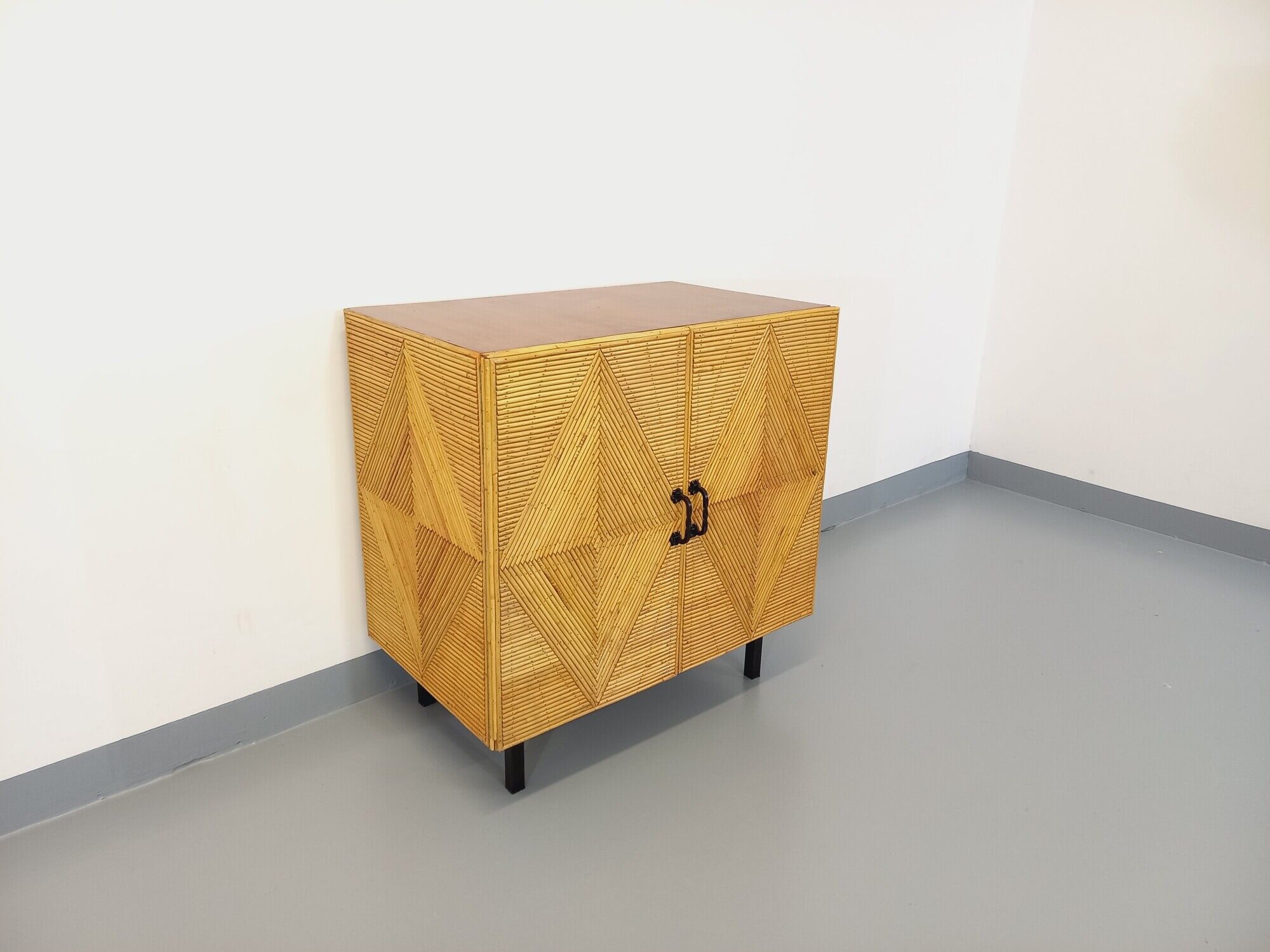 Vintage rattan, wood and metal storage cabinet from the 60s