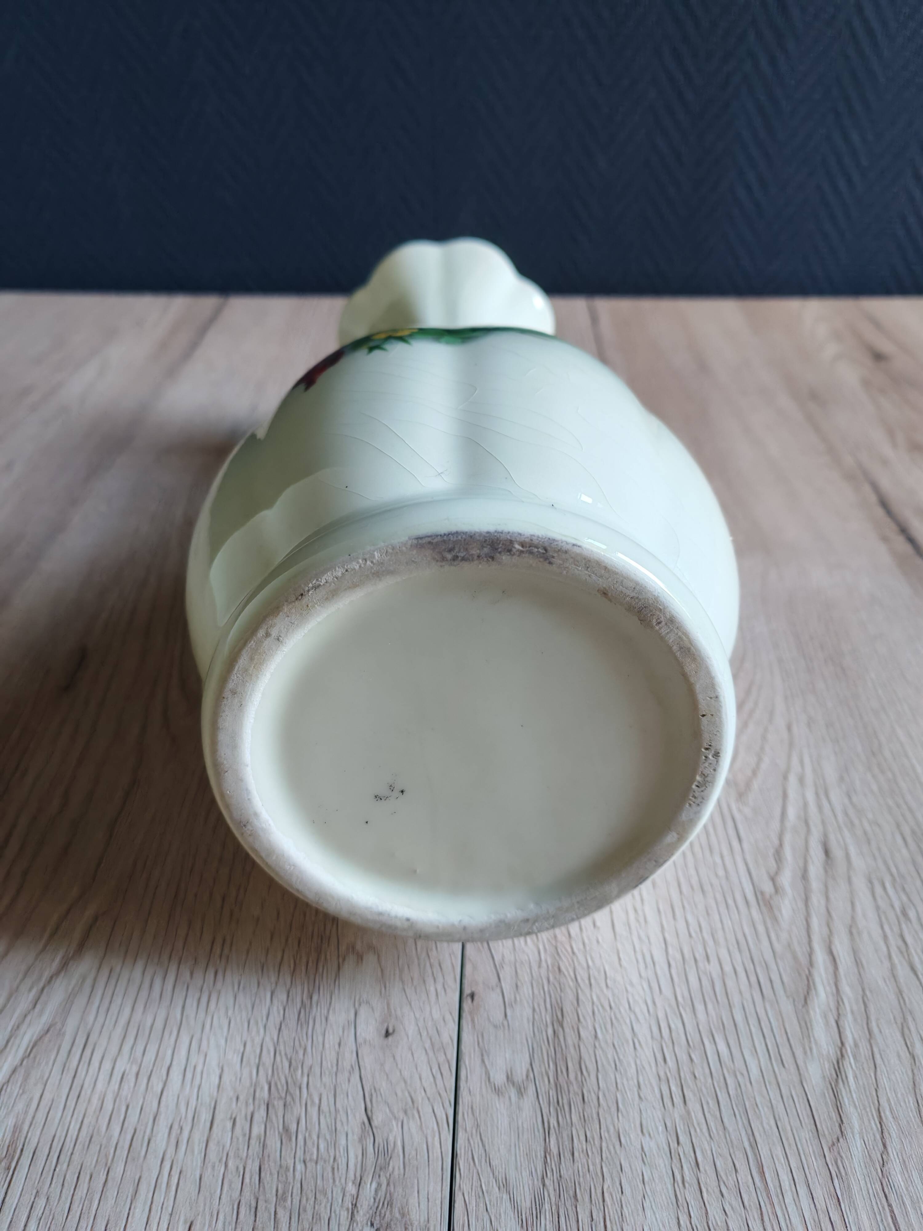 Vintage White Broken Ceramic Vase with Floral Pattern, Ribbed Vase