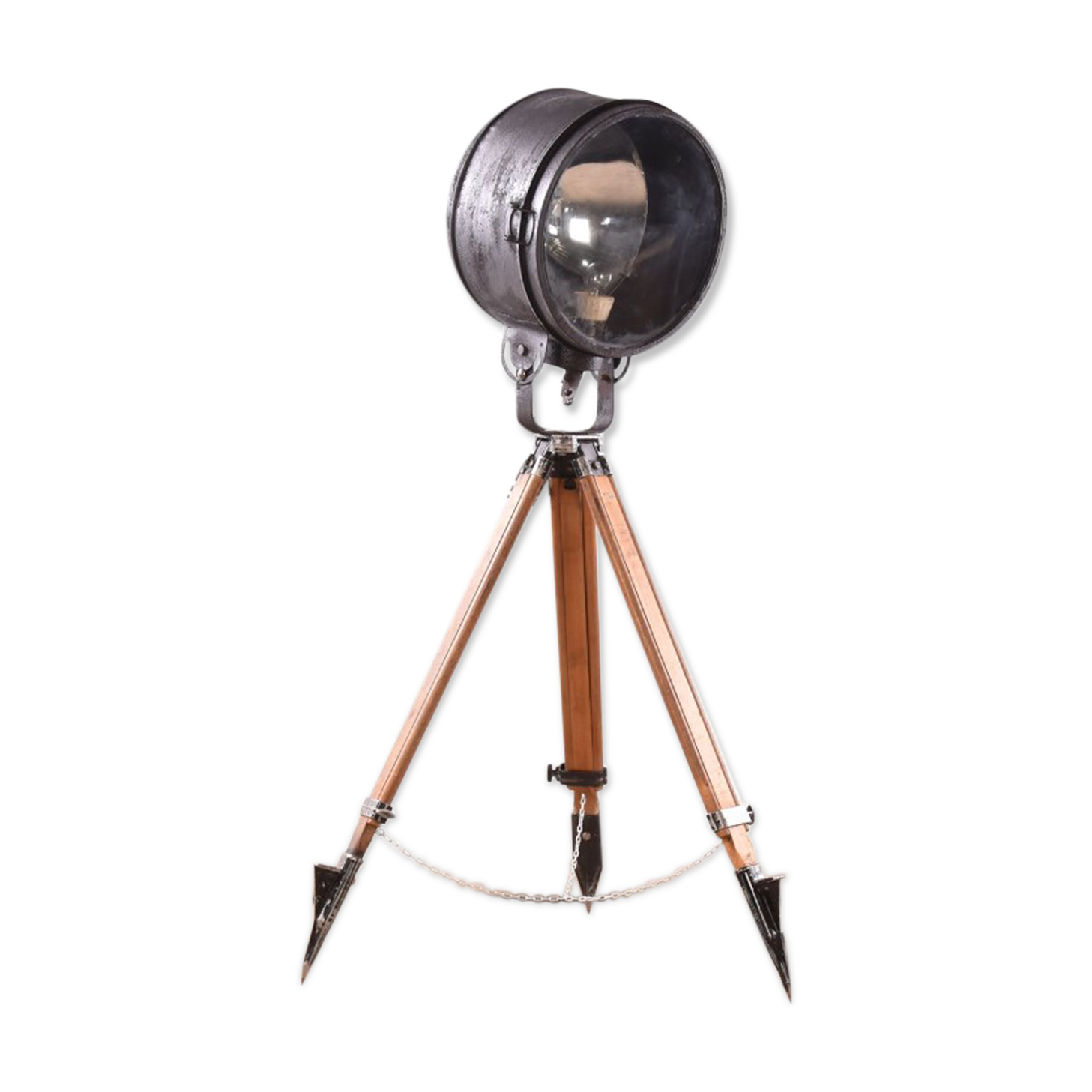 Ancien projecteur industriel sur trépied en bois