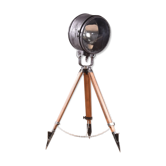 Ancien projecteur industriel sur trépied en bois