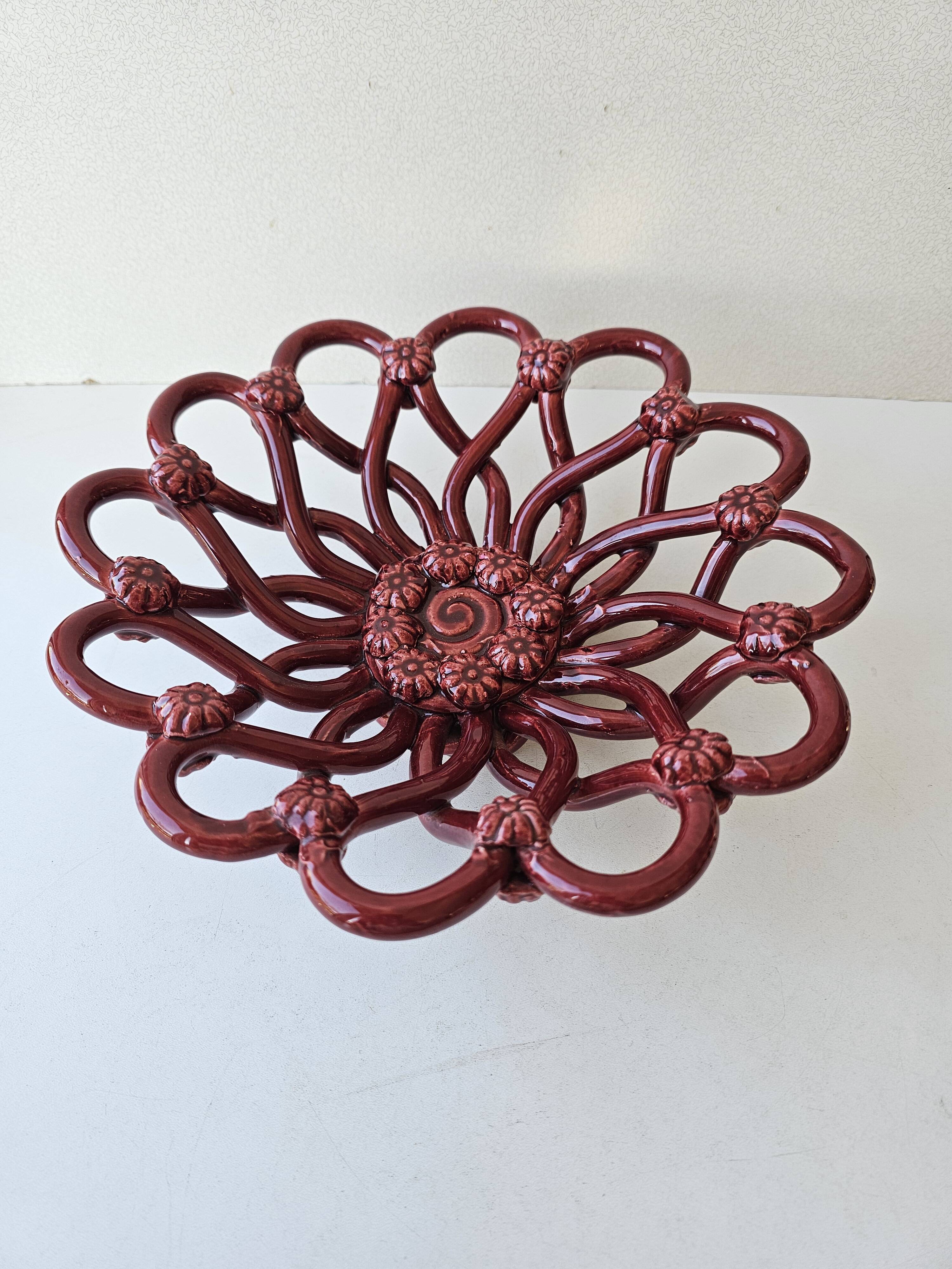 Vintage woven ceramic fruit bowl Barbotine Vallauris Mass style