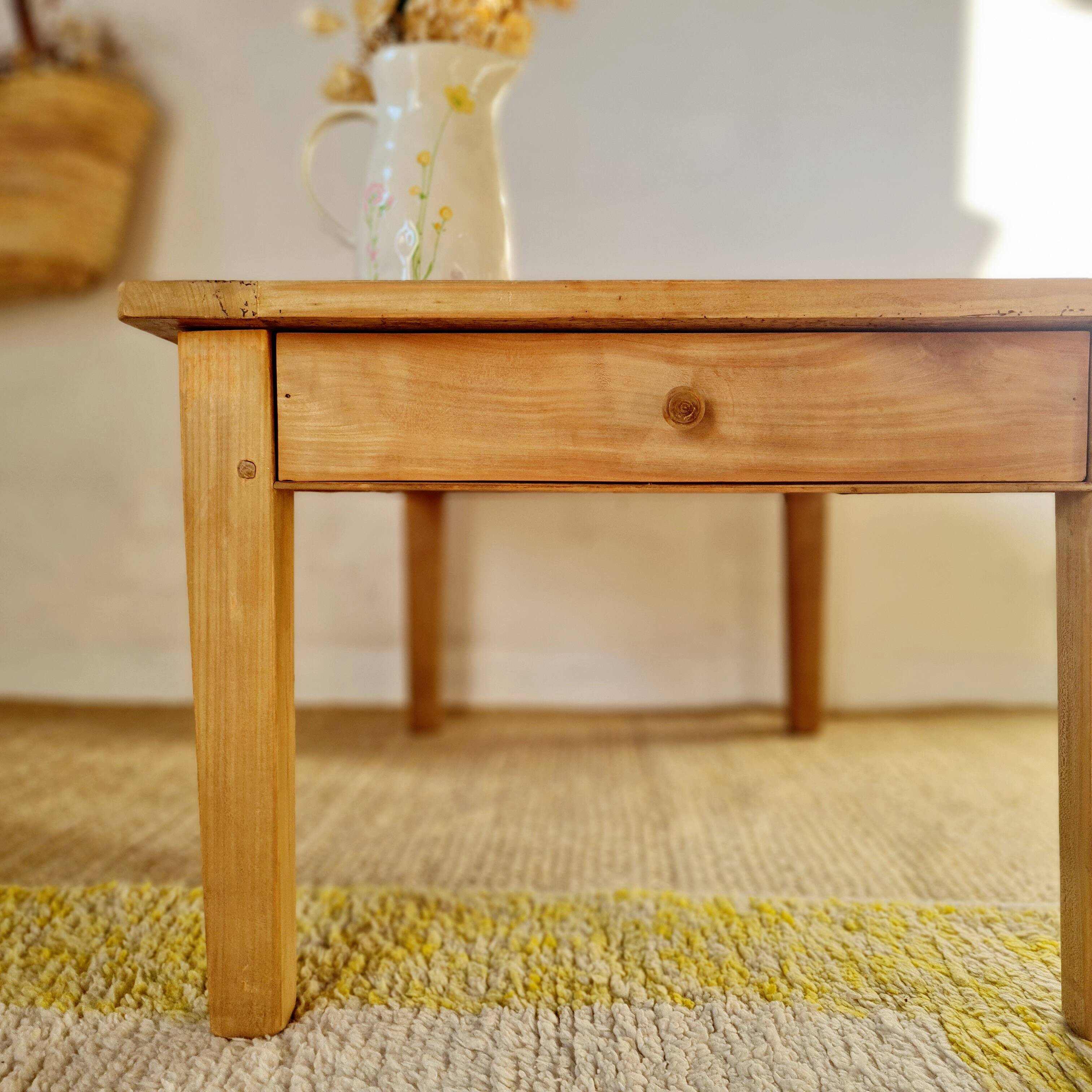 Antique wooden low farmhouse table and drawer