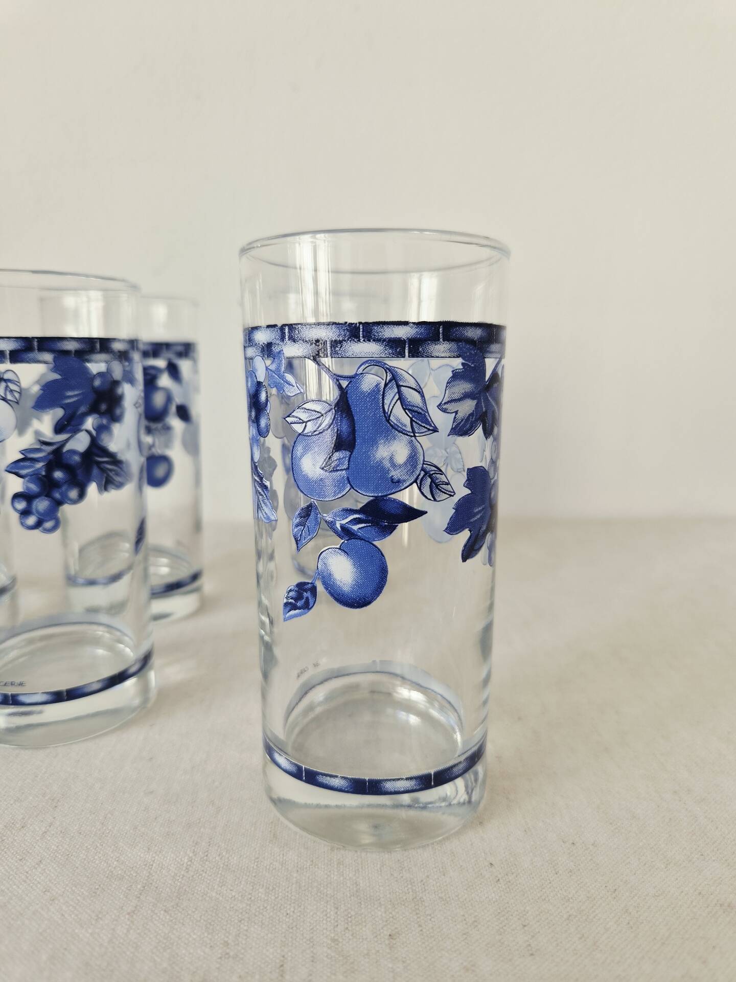 Set of 5 vintage glasses "Blue Fruit Pattern" 1970s - by Cervé Italy