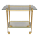 Service trolley on wheels with two glass shelves and a brass frame.