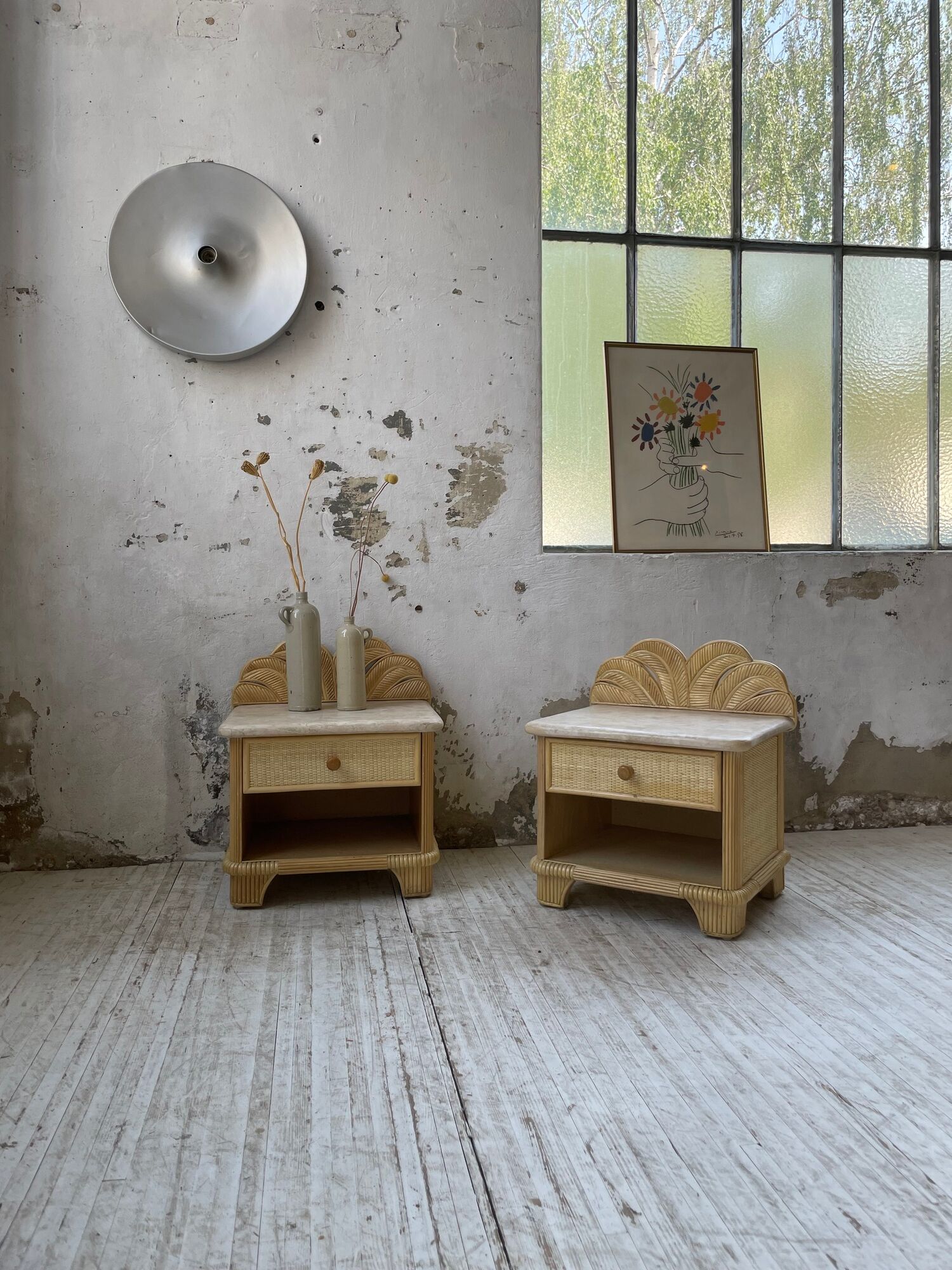 Pair of travertine bedside and rattan palm tree "vivai del sud"