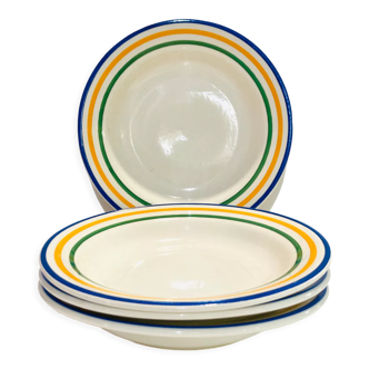 4 assiettes creuses en faïence à rayures made in Romania